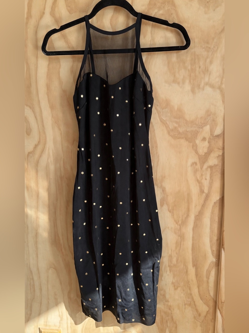bec + bridge Black Slip Midi Dress with Gold Dot Accents